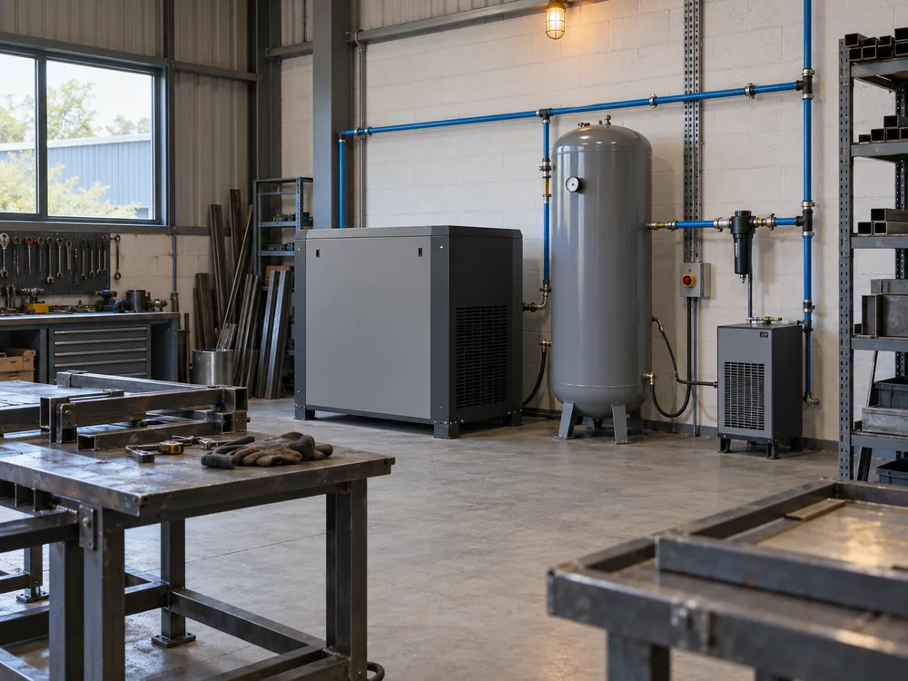 Illustration of a compressor and receiver installed in a fabrication workshop